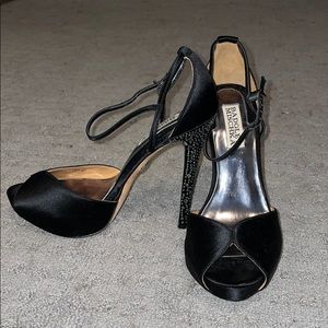 Badgley Mischka Black Satin Peep Toe Jeweled Heels